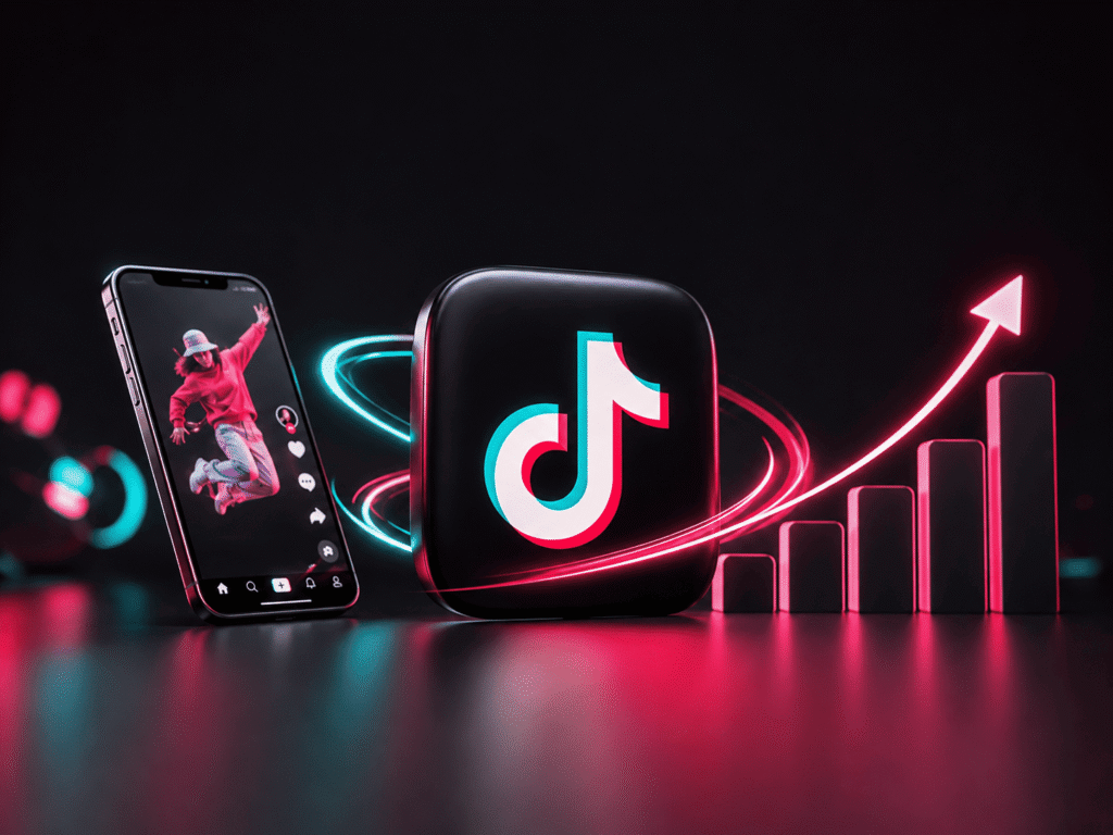 Smartphone with TikTok app, platform logo, and upward trending charts symbolizing social media growth and promotion