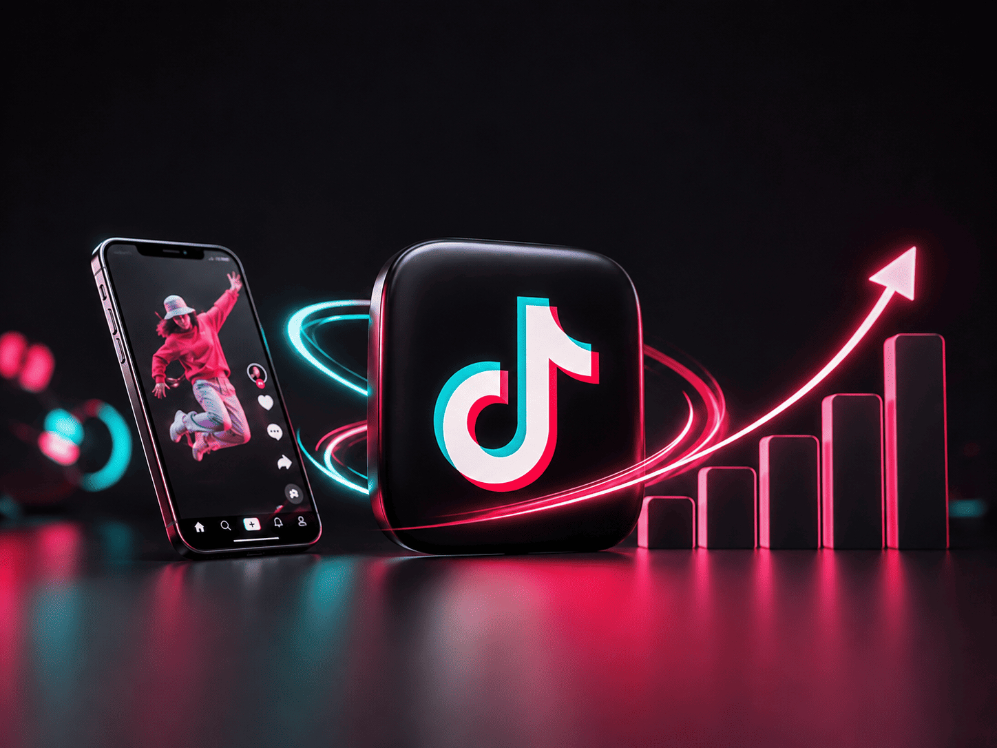 Smartphone with TikTok app, platform logo, and upward trending charts symbolizing social media growth and promotion